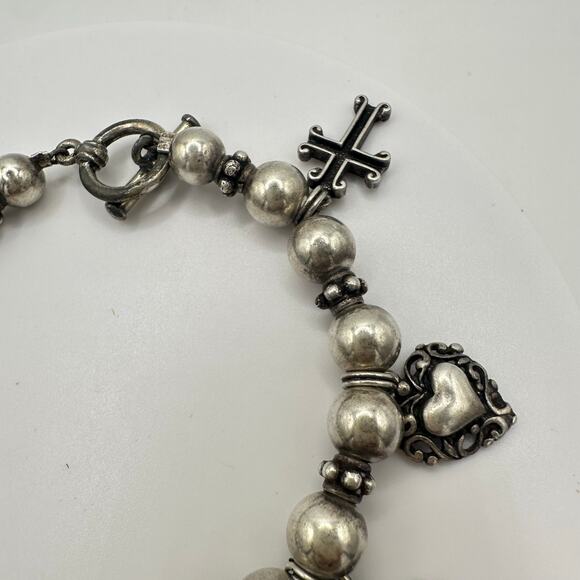 Vintage 925 sterling silver beaded crosses hearts charms bracelet 29g - Picture 3 of 8